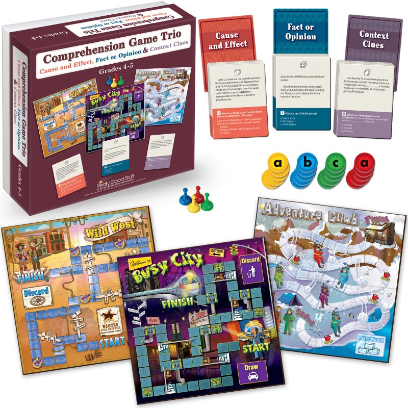 Really Good Stuff Comprehension Board Game Trio (3 Games): Cause and Effect, Fact or Opinion & Context Clues â€“ Grades 4â€“5 - Image 1